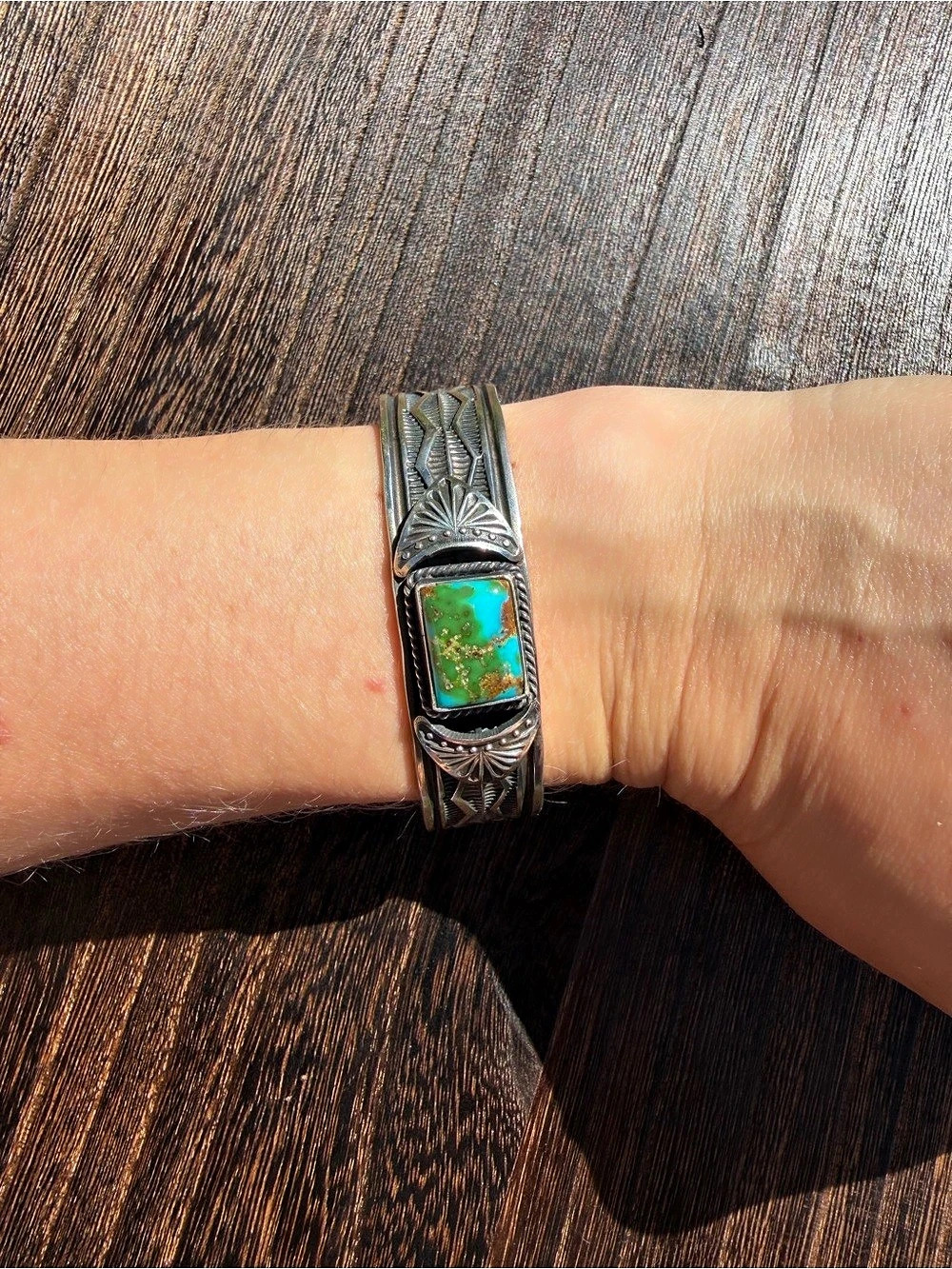 Sunshine Reeves Navajo Sterling Silver and Sonoran Gold Turquoise Stamped Cuff